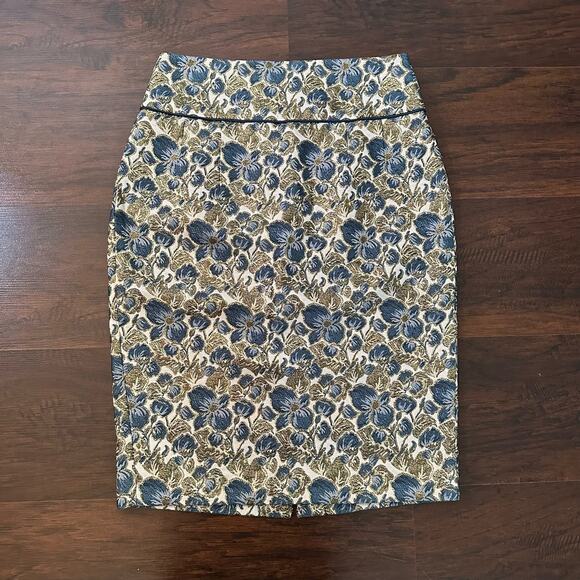 Magaschoni Collection blue gold & cream floral pencil skirt size 8 - Picture 2 of 9